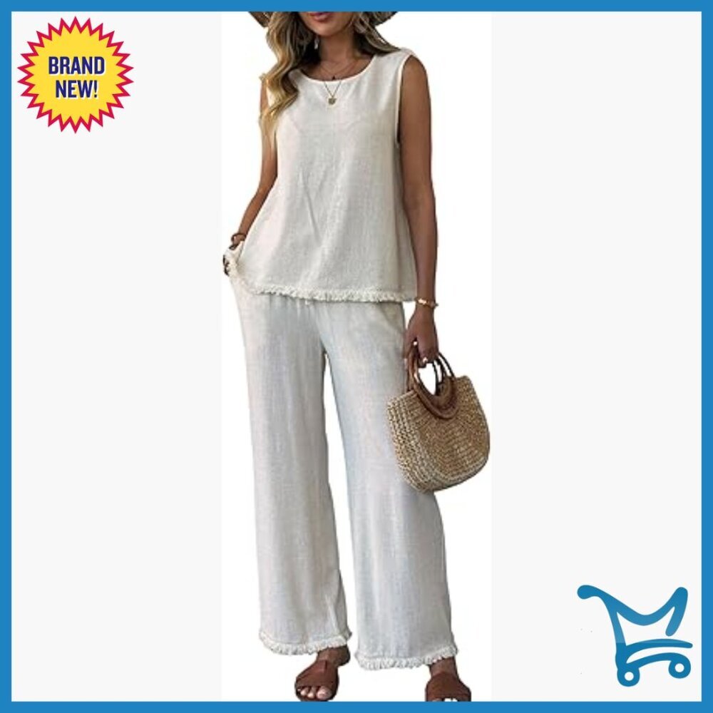 Linen Blend 2-Piece Set Sleeveless Top Wide Leg Pants Vacation Lounge Outfit
